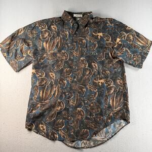 Bloom Mens L 100% Silk Short Sleeve Button Up Shirt Blue Brown Floral Abstract